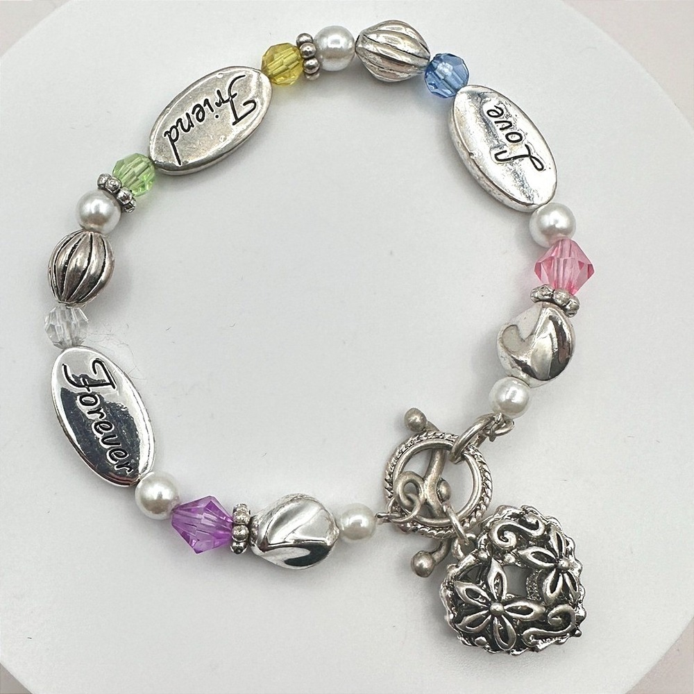 Vintage 90s‎ Silver Tone Beaded Engraved Heart Charm Bracelet Women's Jewelry